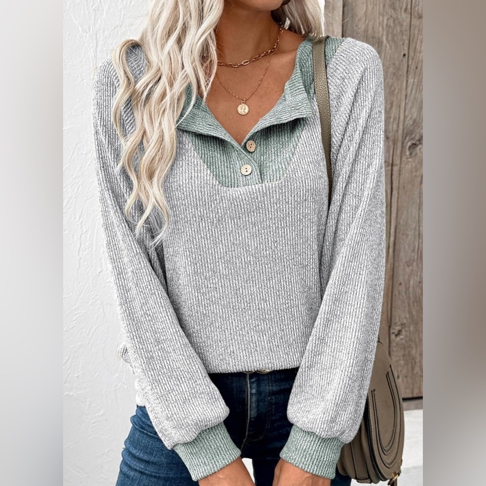 EVALESS Long Sleeve Patchwork Button Up V Neck Casual Pullover Top - Picture 3 of 14